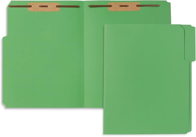 50 Green Fastener File Folders - 1/3 Cut Reinforced Tab - Durable 2 Prongs Bonded Fastener Designed to Organize Standard Medical Files, Law Client Files, Office Reports - Letter Size, Green, 50 Pack