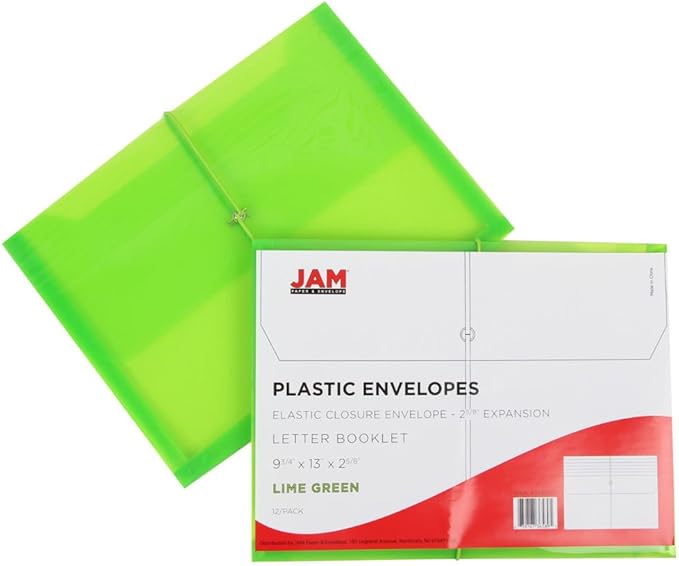 JAM PAPER Plastic Expansion Envelopes with Elastic Band Closure - Letter Booklet - 9 3/4 x 13 with 2.5 Inch Expansion - Lime Green - 12/Pack