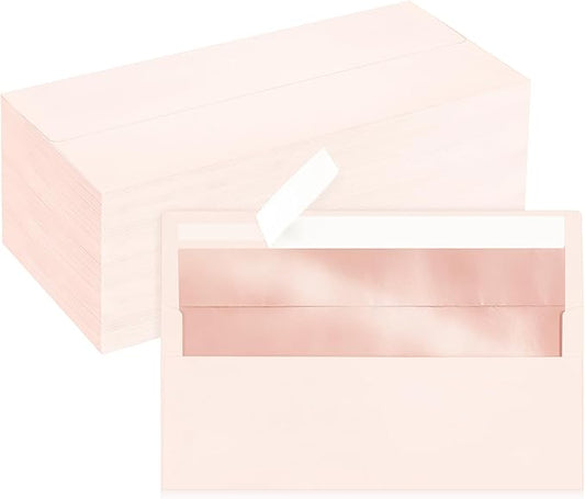 200 Pack #10 Blush Pink Business Envelopes with Metallic Rose Gold Foil Lining, Standard Letter Size Mailing Envelopes Self Seal for Checks Invoices Party Birthday Wedding, 4 1/8 x 9 1/2 Inch