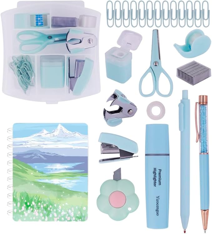Mini Office Supply Kit Includes Stapler Tape Dispenser Staple Remover Paper Clips Scissor Notebook Highlighter Ballpoint Pen Small Telescopic Knife for Office and School Student (Blue Set)