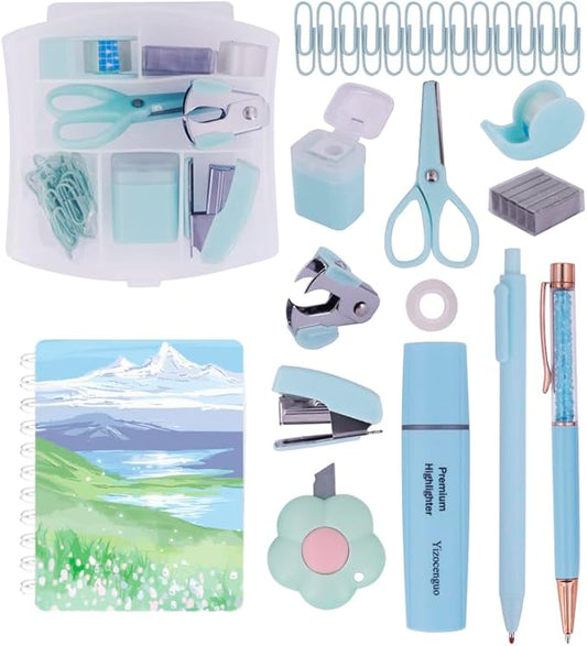 Mini Office Supply Kit Includes Stapler Tape Dispenser Staple Remover Paper Clips Scissor Notebook Highlighter Ballpoint Pen Small Telescopic Knife for Office and School Student (Blue Set)