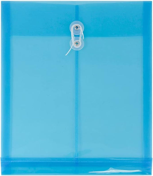 JAM PAPER Plastic Envelopes with Button & String Tie Closure - Letter Open End - 9 3/4 x 11 3/4 - Blue - 12/Pack