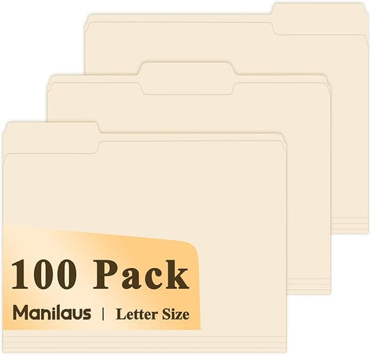 Manila Folders 8.5 x 11 | 1/3 Cut File Folders Letter Size | Manilla File Folders 8.5 x 11 Pack of 100 | Paper Folders for Documents, Business, School, Classroom and Office Supplies.
