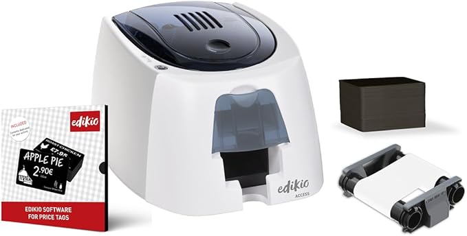 Price Tag Access - Card Printing Pack - Durable, Easy-to-Clean, Customizable Price Tag - Fast Monochrome One-Sided Printing - Includes Printer, Design Software, Black Cards and White Ribbon