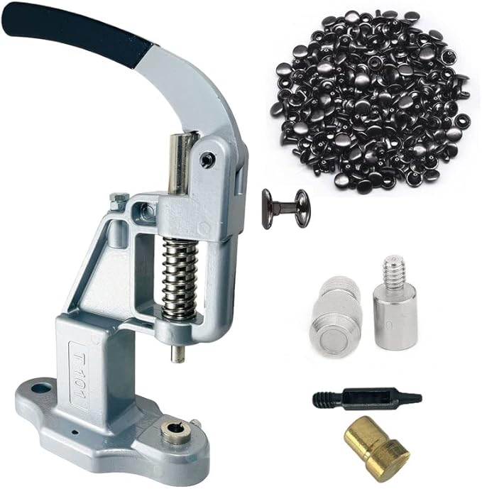 Hobby Trendy Hand Press with 1000 Sets of Iron 9mm Double Capped Rivets with Dies and Hole Punch(Silver Gray Press,Black Rivets)