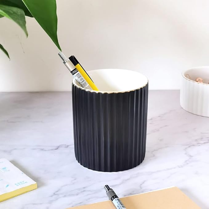 Pen Holder for Desk, Ceramic Pencil Cup Office Desk Organizer, Makeup Brush Holder, Black