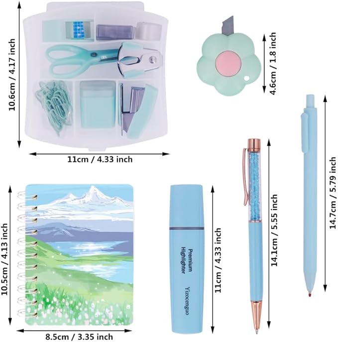 Mini Office Supply Kit Includes Stapler Tape Dispenser Staple Remover Paper Clips Scissor Notebook Highlighter Ballpoint Pen Small Telescopic Knife for Office and School Student (Blue Set)