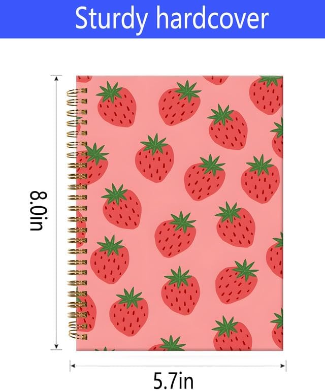 Spiral Journal Notebook,A5 Hardcover Lined Journals for Women Girl 6 x 8.3 in,120 Pages Thick Paper,Cute College Ruled Writing Notebook for Gifts Office Work School(Pink Strawberry)