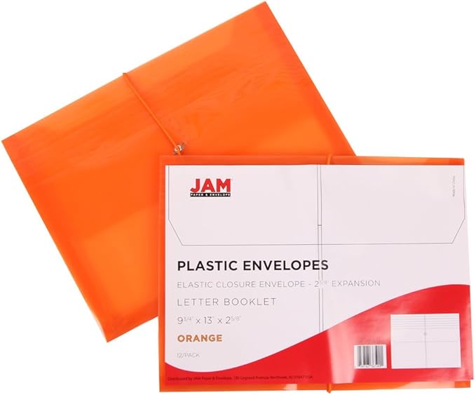 JAM PAPER Plastic Expansion Envelopes with Elastic Band Closure - Letter Booklet - 9 3/4 x 13 with 2.5 Inch Expansion - Orange - 12/Pack