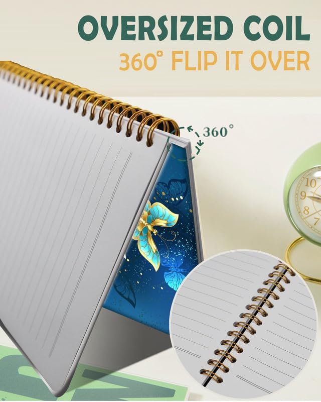 Ruled Spiral Writing Notebook,A5 Hardcover Lined College Journal for Women Lady Girl,Strong Twin-Wire Binding with Premium Paper,8.4" X 6",Perfect for School,Office,Home Gifts(Blue Gold Butterfly)