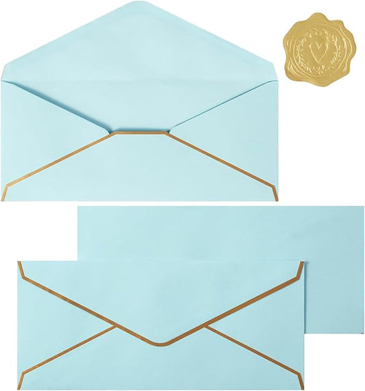 30 Pack Thick #10 Business Envelopes with Gold Border, 4 1/8 x 9 1/2 Thick Paper Standard Envelopes with Stickers for Office, Checks, Letter Mailing, Invoices (Light Blue)