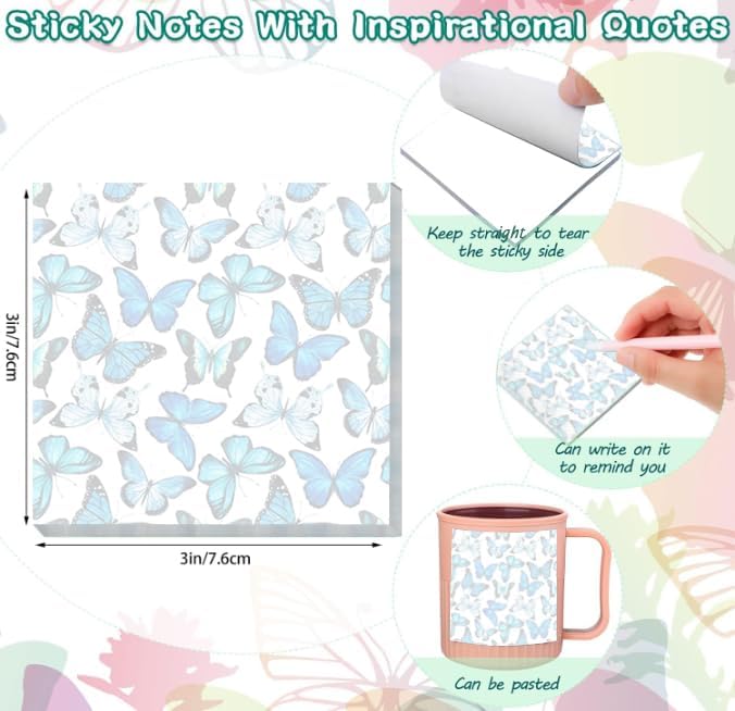 2 Pack Sticky Notes 3x3 Inches, Bright Cute Strong Sticking Power, Easy to Post for Home, Office, 80sheets/Pads, Blue Butterfly