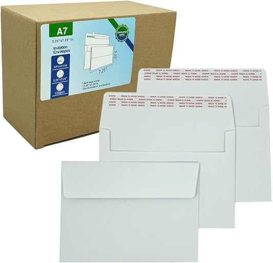 A7 Invitation envelopes （120 PCS 5.25x7.25 in） - windowless design 120GSM white paper envelopes with printable quick self-seal for invitations, greeting cards, photos, invoices