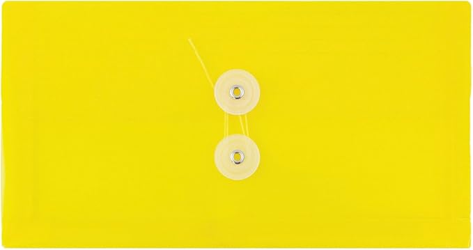 JAM PAPER Plastic Envelopes with Button & String Tie Closure - #10 Business Booklet - 5 1/4 x 10 - Yellow - 12/Pack