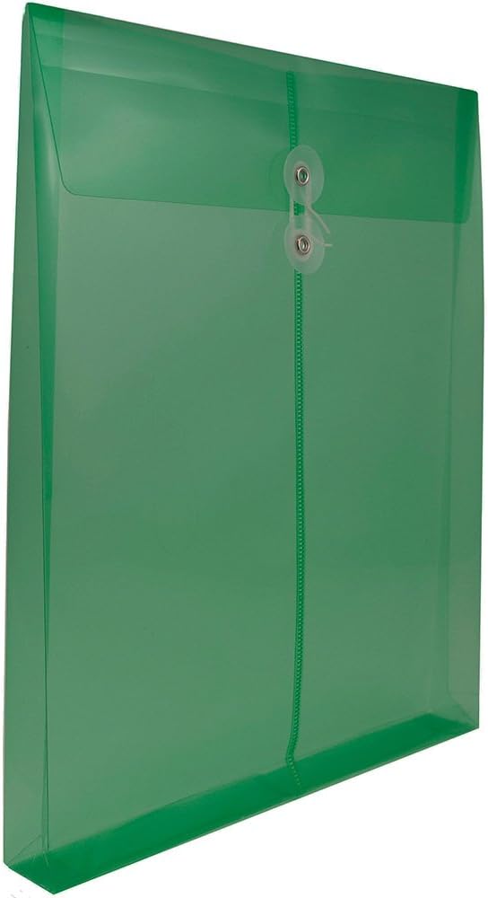 JAM PAPER Plastic Envelopes with Button & String Tie Closure - Letter Open End - 9 3/4 x 11 3/4 - Green - 12/Pack