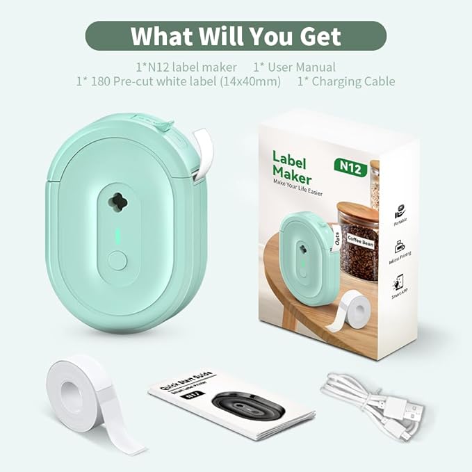 Mini Label Maker Machine with Tape, Small Portable Bluetooth Thermal Label Printer, Handy Wireless Inkless Sticker Printer for Home, Kitchen, Kids School Items, Classroom, Office Organization (Black)