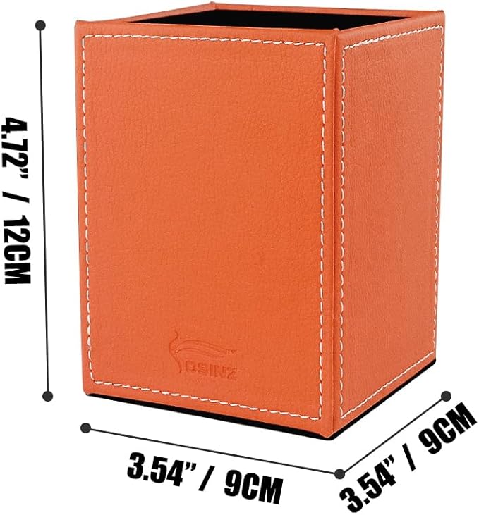 Pen Pencil Holder Cup Container PU Leather Desk Organizer Stand Decor Brush Scissor Holder Decoration Office Desk Home School (Orange, 3.54" x 3.54" x 4.72")