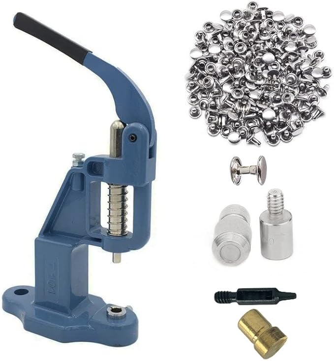 Hand Press with 1000 Sets of Iron 9mm Double Capped Rivets with Dies and Hole Punch(Blue Press,Silver Rivets)
