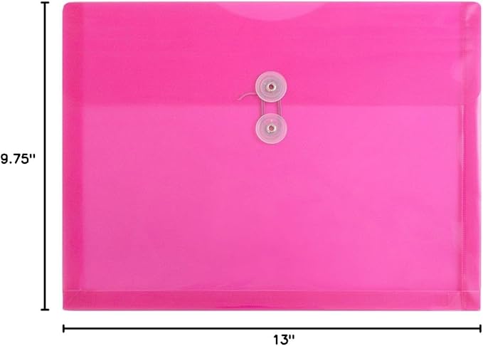 JAM PAPER Plastic Envelopes with Button & String Tie Closure - Letter Booklet - 9 3/4 x 13 - Fuchsia - 12/Pack