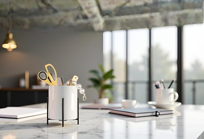 Black Pencil Cup Sturdy Metal Frame with White Ceramic Pen Holder For Desks and Kitchen Appliance holders