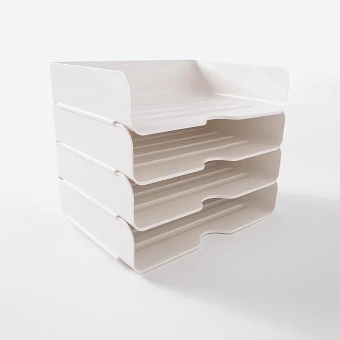 4 Tier Desk Organizer, Stackable Paper Tray Organizer for Document, Letter, A4 File Paper, Desk Accessories, Notes, Pens (White, 4 Pack)