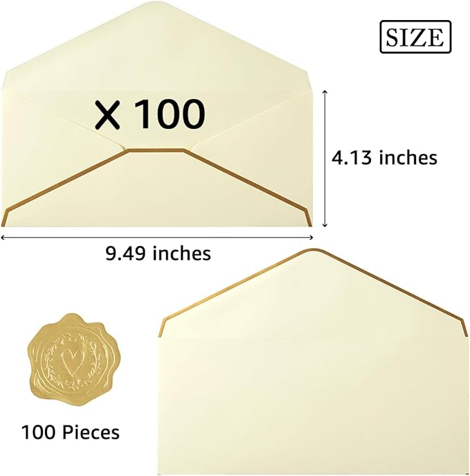 100 Pack #10 Business Envelopes with Gold Border, Self Seal Standard Envelopes with Gold Stickers for Office, Checks, Letter Mailing, Invoices, 4 1/8 x 9 1/2 Inches (Cream Color)
