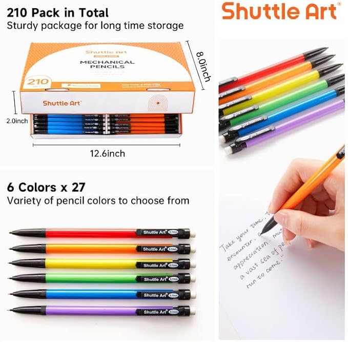 Shuttle Art Mechanical Pencils, 210 Pack Bulk Mechanical Pencils 0.7mm Medium Point, HB #2 Lead, Assorted Barrels, Office School Supplies
