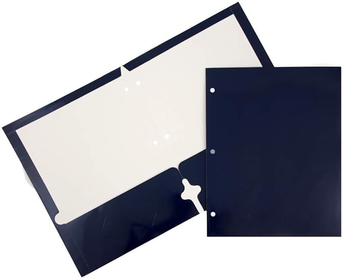 JAM PAPER Laminated Two Pocket Glossy 3 Hole Punch School Folders - Letter Size - High Gloss Navy Blue - 6/Pack