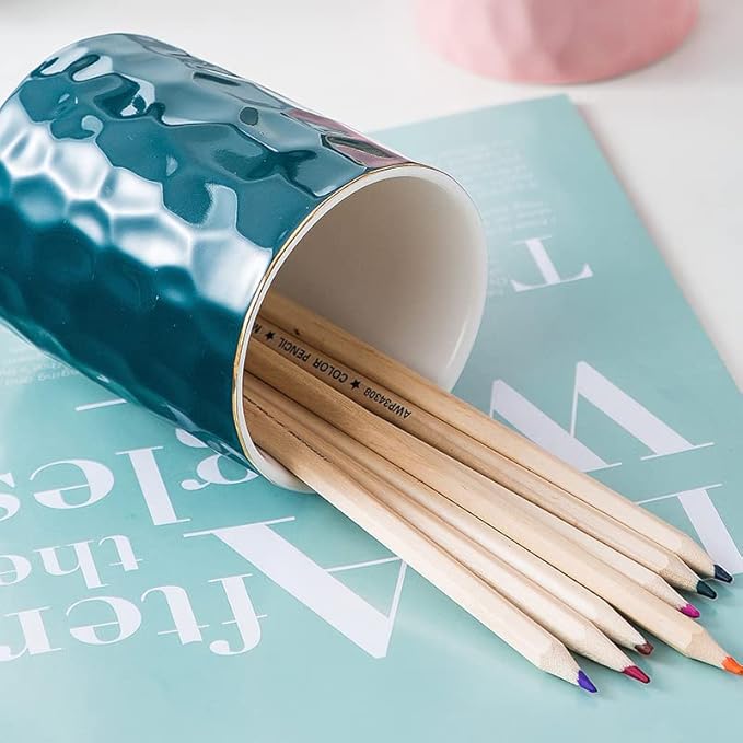 Ceramic Pen Holder Stand Cup Pencil Holder Organizer Makeup Brush Holders for Home Office Desk (Dark-Green)