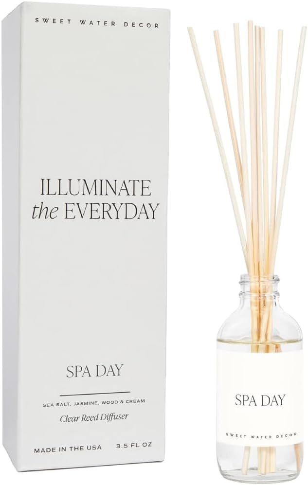 Sweet Water Decor Spa Reed Diffuser Set - Sea Salt, Wood, and Cream Scented Reed Diffuser for Home - Home Freshener Diffuser with Sticks - Long Lasting Fragrance, Made in The USA
