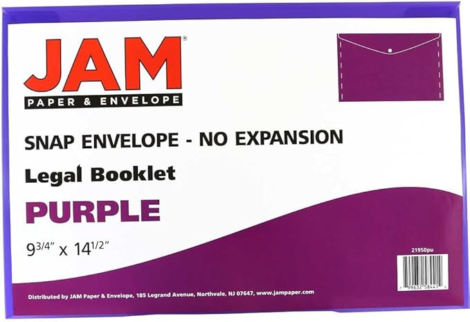 JAM PAPER Plastic Envelopes with Snap Closure - Legal Booklet - 9 3/4 x 14 1/2 - Purple - 3/Pack