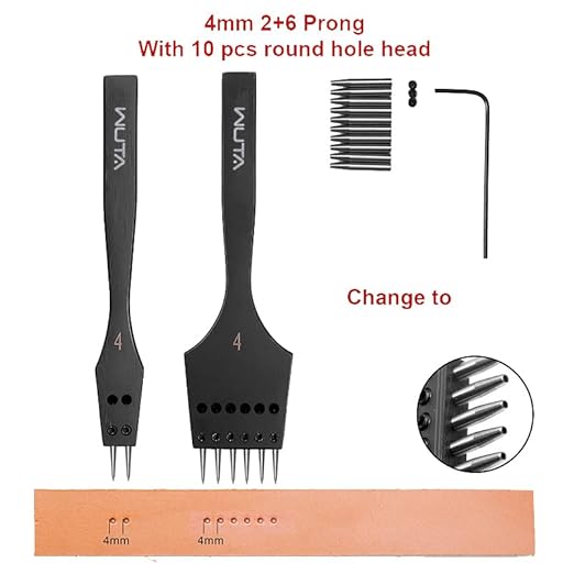 WUTA Removable Circle Leather Hole Punch Sharp Head Replaceable Pricking Iron Chisel DIY Leather Tools Professional Leather Working Tool 2nd Gen 4mm-(2+6)