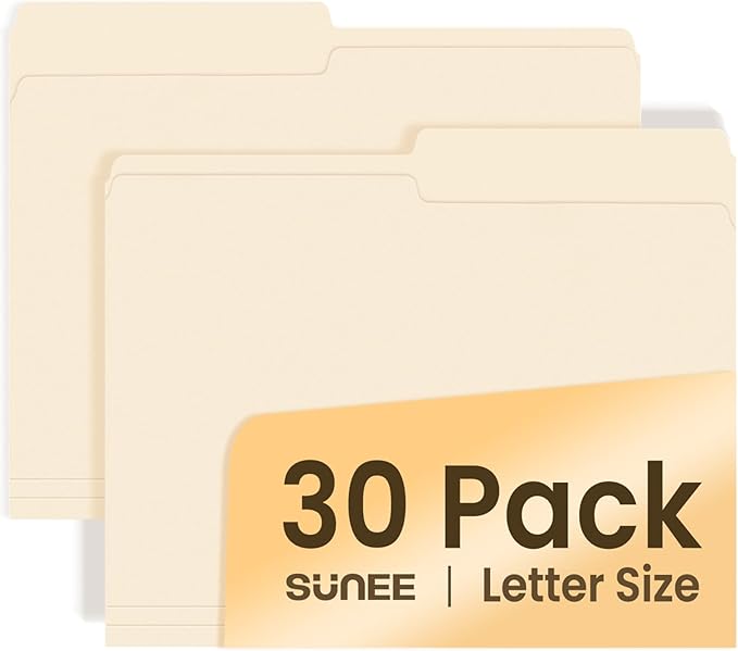 SUNEE File Folders, 30 Pack Manilla Folders 8.5 x 11, 1/2 Cut Tab for Easy Labeling and Organization, Durable Standard Paper for Home, Office, School Filing