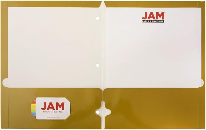 JAM PAPER Laminated Two Pocket Glossy 3 Hole Punch School Folders - Letter Size - High Gloss Gold - Bulk 100/Box