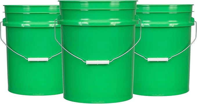 House Naturals 5 Gallon Food Grade Made in USA Pail Plastic Bucket with Screw on Air Tight Double Gasket Lid, (Pack of 3) (Green Buckets- Green Lids)