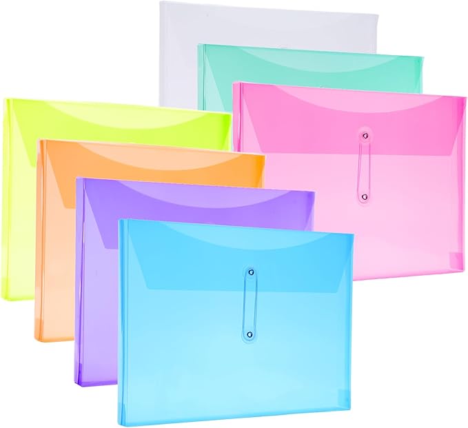 A4 Letter Size Plastic Poly Envelopes with Button and String Tie Closure, 1-1/4" Expansion Clear File Folders Side Loading Documents Organizer for Home School and Office Supplies (7)