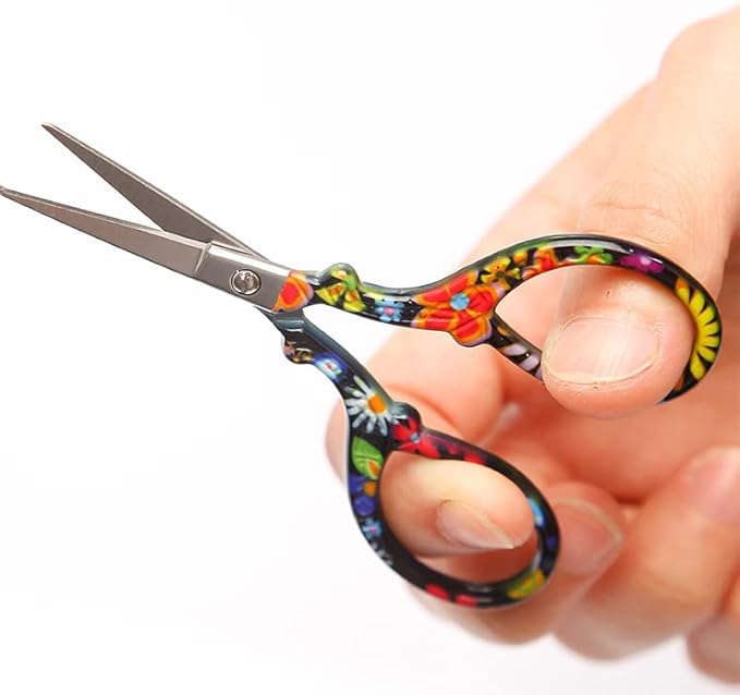 3.6 inch Small Sewing Scissors, Mini Scissors in a Pouch, All Purpose with Leather Sheath Cover, Black Flower