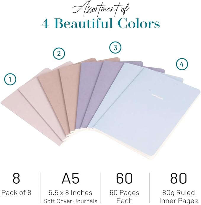 Notebook Journal (8 Pack), A5, 5.5 x 8 in, Cute Soft Paper Cover Notebook Set, Thin Writing Journal for Travel, Meditation, Wedding and Dream Journals, Lightweight Lined Paper Diary, 60