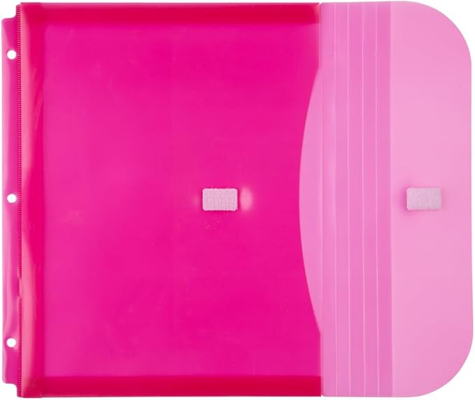 JAM PAPER Plastic 3 Hole Punch Binder Envelopes with Hook & Loop Closure - Letter Booklet - 9 1/2 x 11 1/2 with 1 Inch Expansion - Pink - 12/Pack