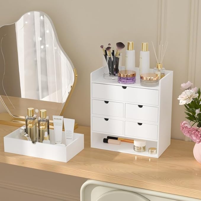 Wisuce Bamboo Desk Organizer - Mini Bamboo Desk Drawer Tabletop Cosmetic Storage Organization for Office or Home White