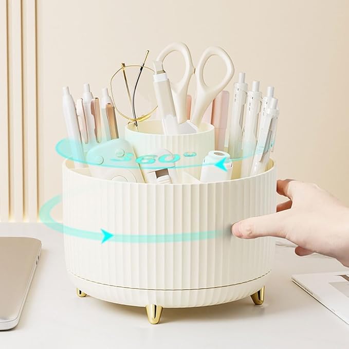 Desk Organizers and Accessories 7Pcs Set with 360-Degree Rotating Pen Holder, Acrylic Stapler, Tape Holder, Staple Remover, Binder/Paper Clips Kit, Scissor and 1 Box of Staples (Black)