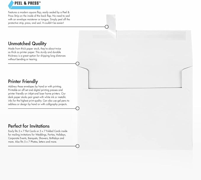 LUXPaper A7 Invitation Envelopes | Peel & Press | 5 1/4" x 7 1/4" | Bright White | 32lb. Paper Weight (80lb. Text) | 50 Qty