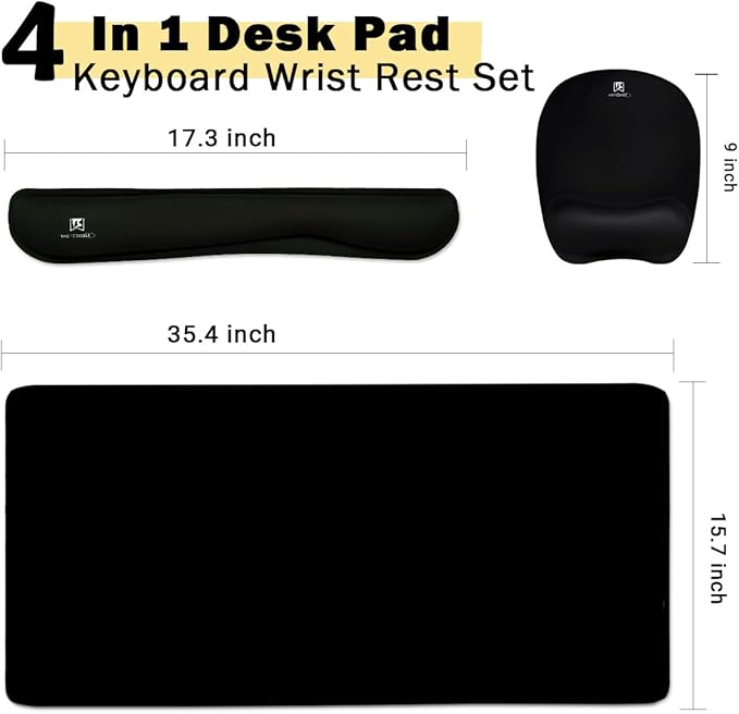 Keyboard Wrist Rest Large Mouse Pad Wrist Support for Computer, 4 in 1 Memory Foam Keyboard Pad Desk Mat Ergonomic Hand Rest Wrist Cushion for Home Office Gaming-Black