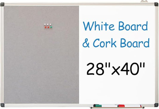 New PUTE White Board and Cork Board Combo - 40 x 28 Inches Large Dry Erase Whiteboard and Bulletin Board, Magnetic Wall Pin Display Board for Home, Classroom & Office, 28"x40" Grey