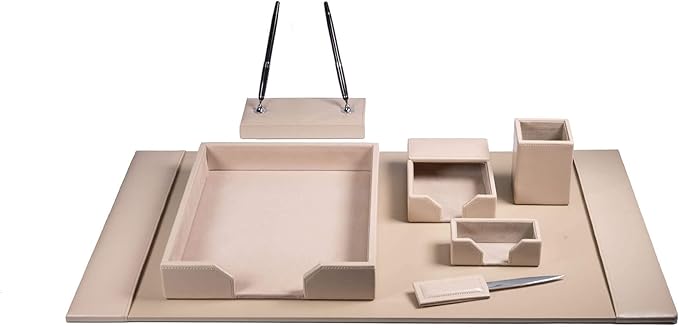 Dacasso Bonded Set Luxury Leather Desk Pad & Desk Organization Essentials, 7 Piece, White Latte