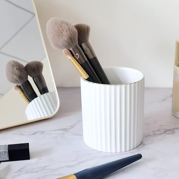 Pen Holder for Desk, Ceramic Pencil Cup Office Desk Organizer, Makeup Brush Holder, White
