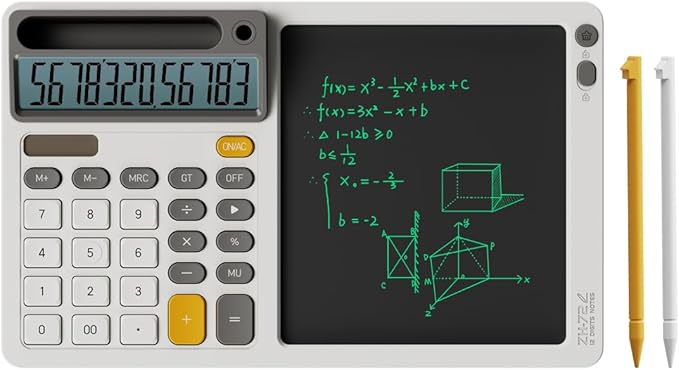 Solar Calculator with 7.5 inc LCD Writing Membrane, 15° Tilt for Easy Reading, Integrated Phone Stand, Voice & Silent Modes, Anti-Slip Pads for Stability, Ideal for Office & Study Use (White)