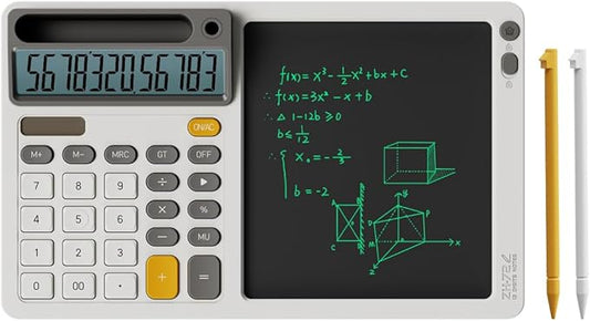 Solar Calculator with 7.5 inc LCD Writing Membrane, 15° Tilt for Easy Reading, Integrated Phone Stand, Voice & Silent Modes, Anti-Slip Pads for Stability, Ideal for Office & Study Use (White)