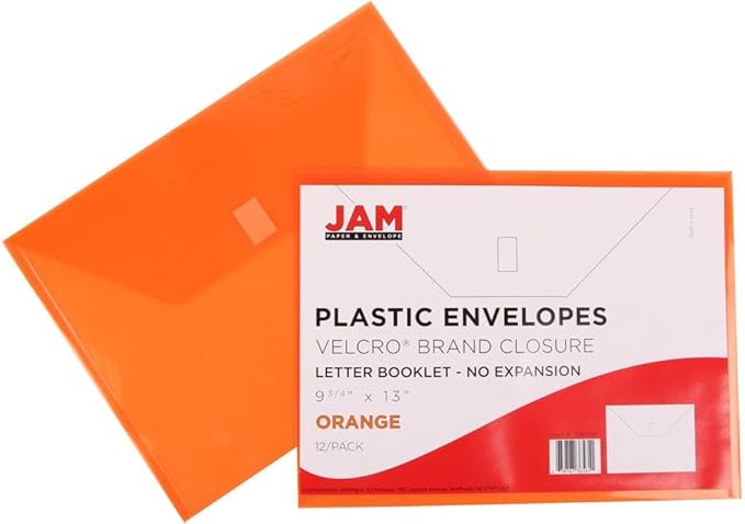 JAM PAPER Plastic Envelopes with Hook & Loop Closure - Letter Booklet - 9 3/4 x 13 - Orange - 3/Pack
