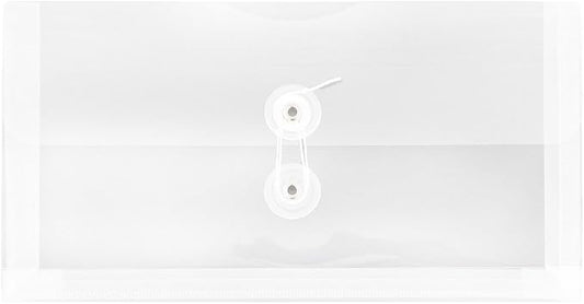 JAM PAPER Plastic Envelopes with Button & String Tie Closure - #10 Business Booklet - 5 1/4 x 10 - Clear - 12/Pack